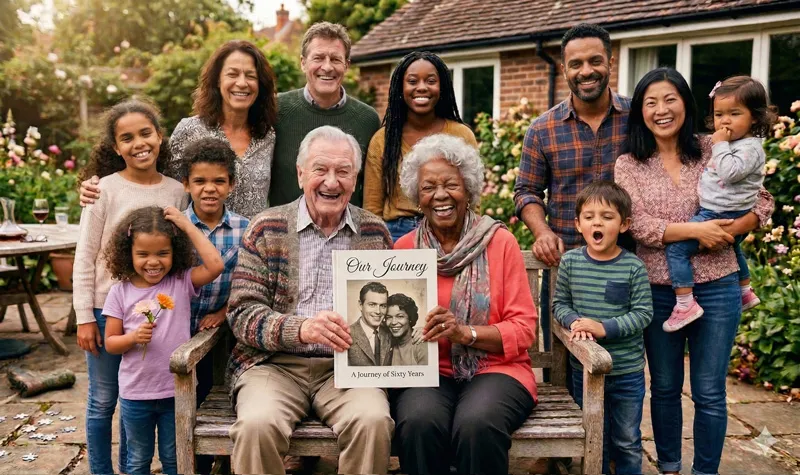 A large family gathered together, grandparents proudly holding their memoir book