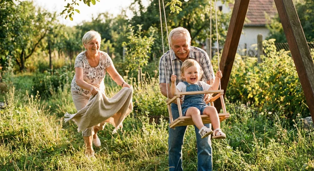 Grandparents laughing while pushing their grandchild on a garden swing